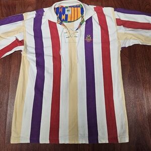 Vintage Cross Colours Striped Rugby Shirt with Lace-Up Collar